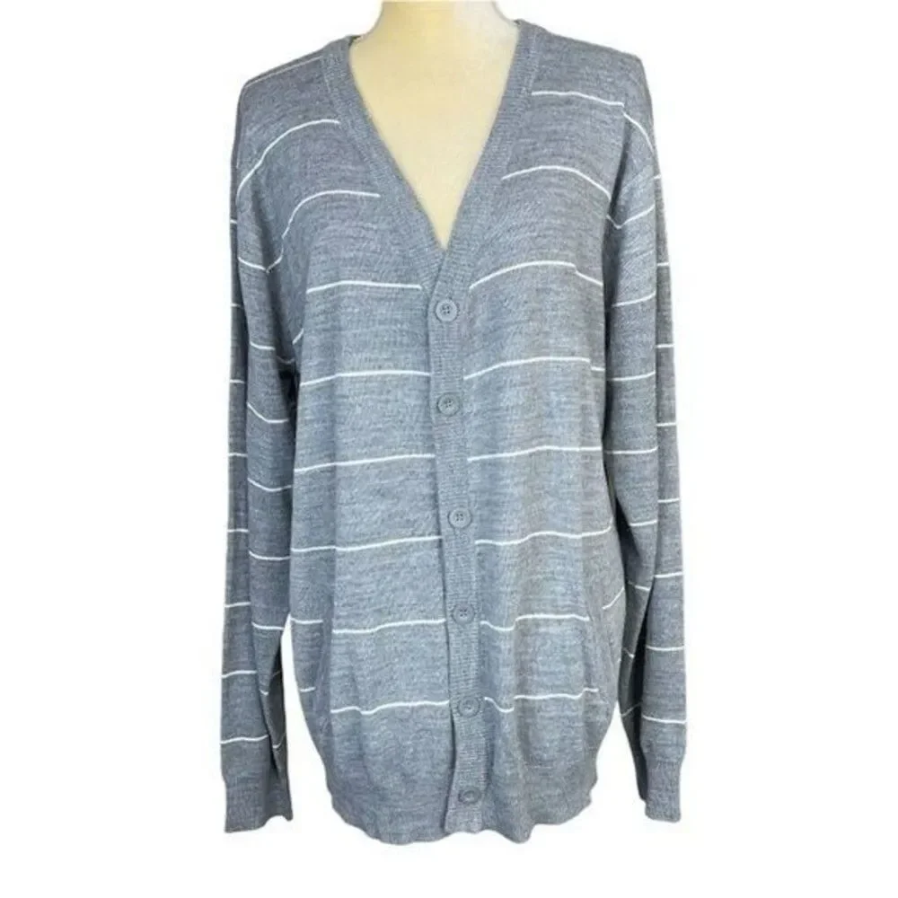 Women’s Sweater Cardigan 2XL Gray Stripe long sleeve V Neck